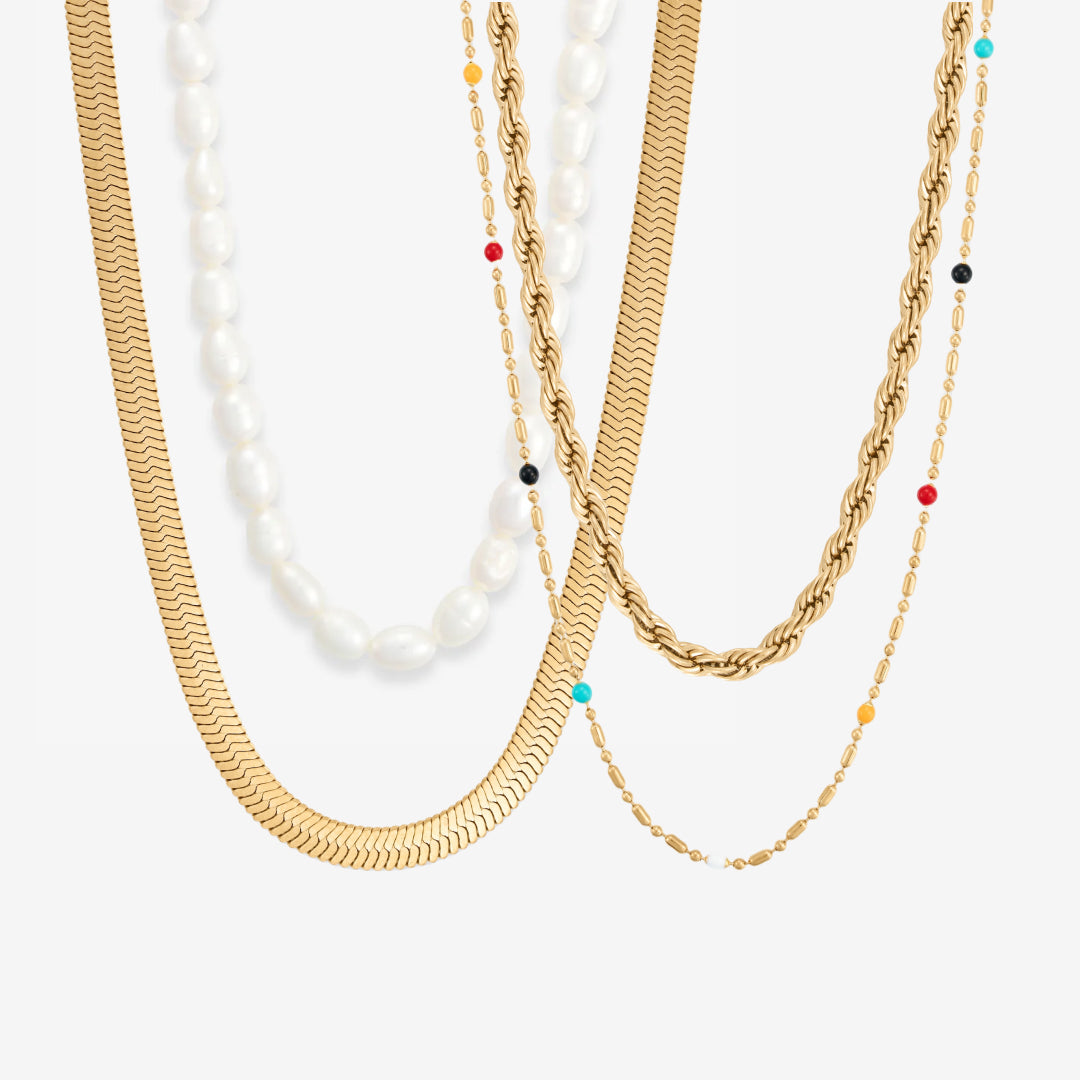 Parel, Slang & Dot Touw Set: 4 kettingen