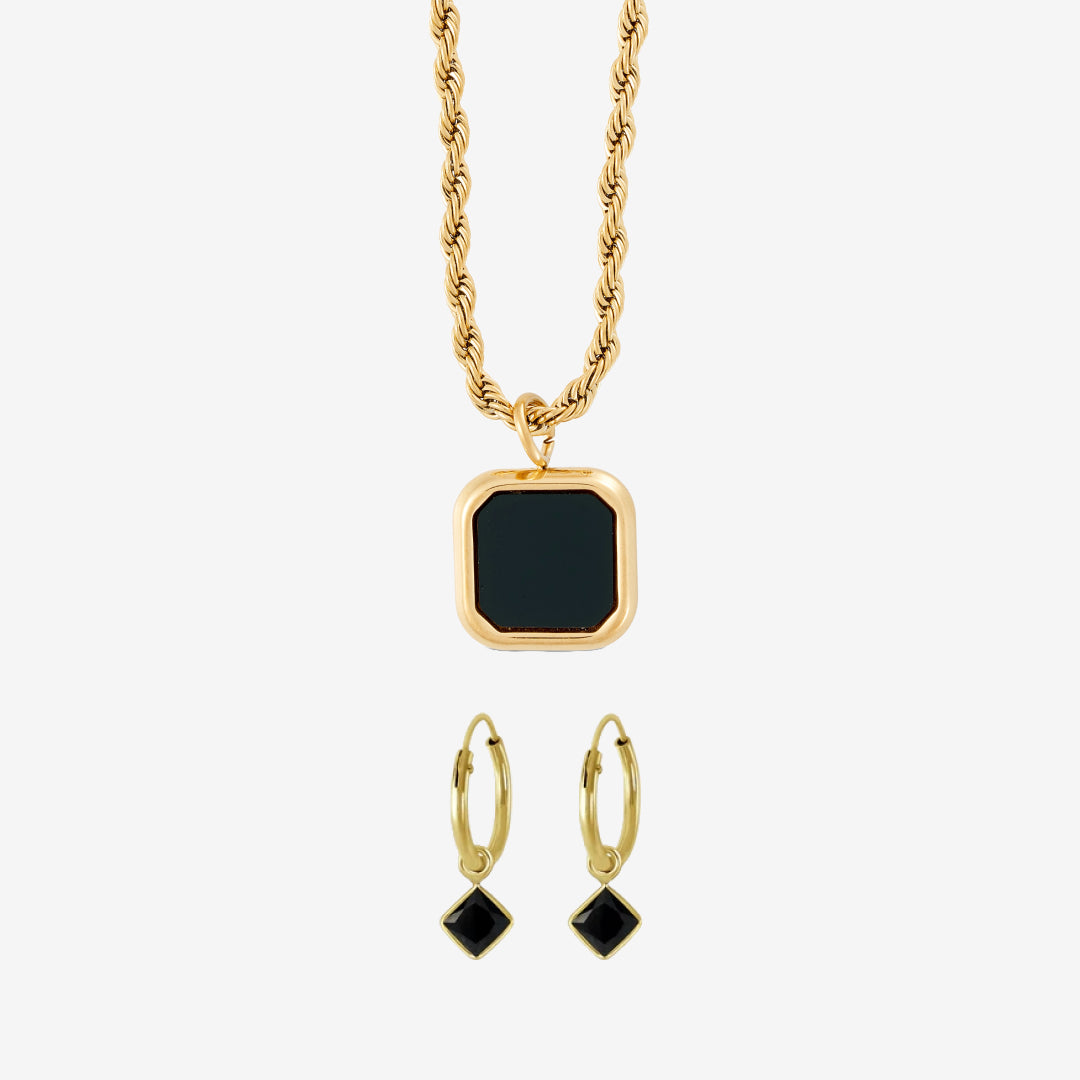 Zwart Vierkant Set: 1 ketting & 1 oorbel